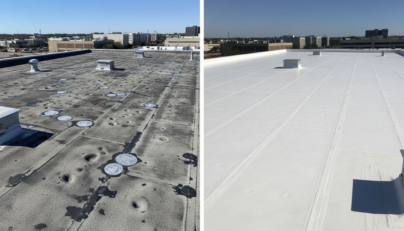 Side-by-side comparison of hail-damaged commercial roof slope needing repair (left with patches) versus full replacement with new TPO membrane (right), realistic building rooftop under bright daylight, no people or text.