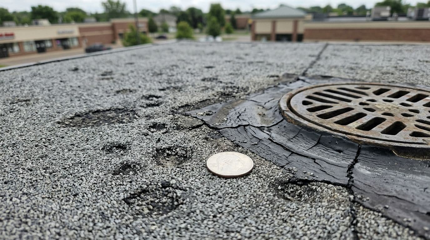 How To Spot Modified Bitumen Hail Damage In Minnesota Realistic educational close-up of modified bitumen roof flashing and base sheet near drain showing hail impact marks, cracked coating, and granule loss. Coin for scale in neutral lighting, focused on commercial roof detail.