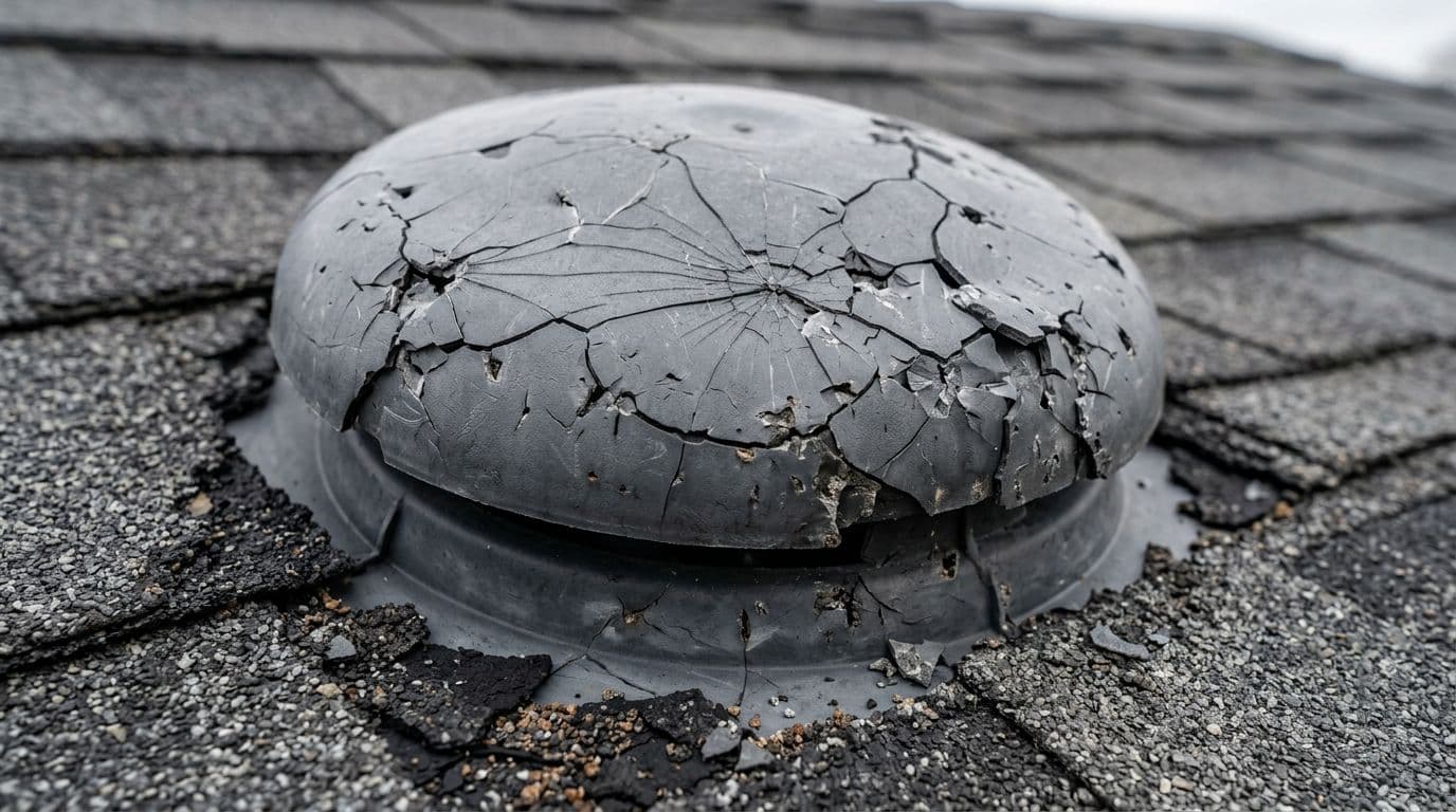 Photorealistic close-up of hail-damaged plastic roof vent cap on commercial building, showing spiderweb cracks, chipped edges, small fractures from hail impacts, and subtle granule loss on nearby shingles.