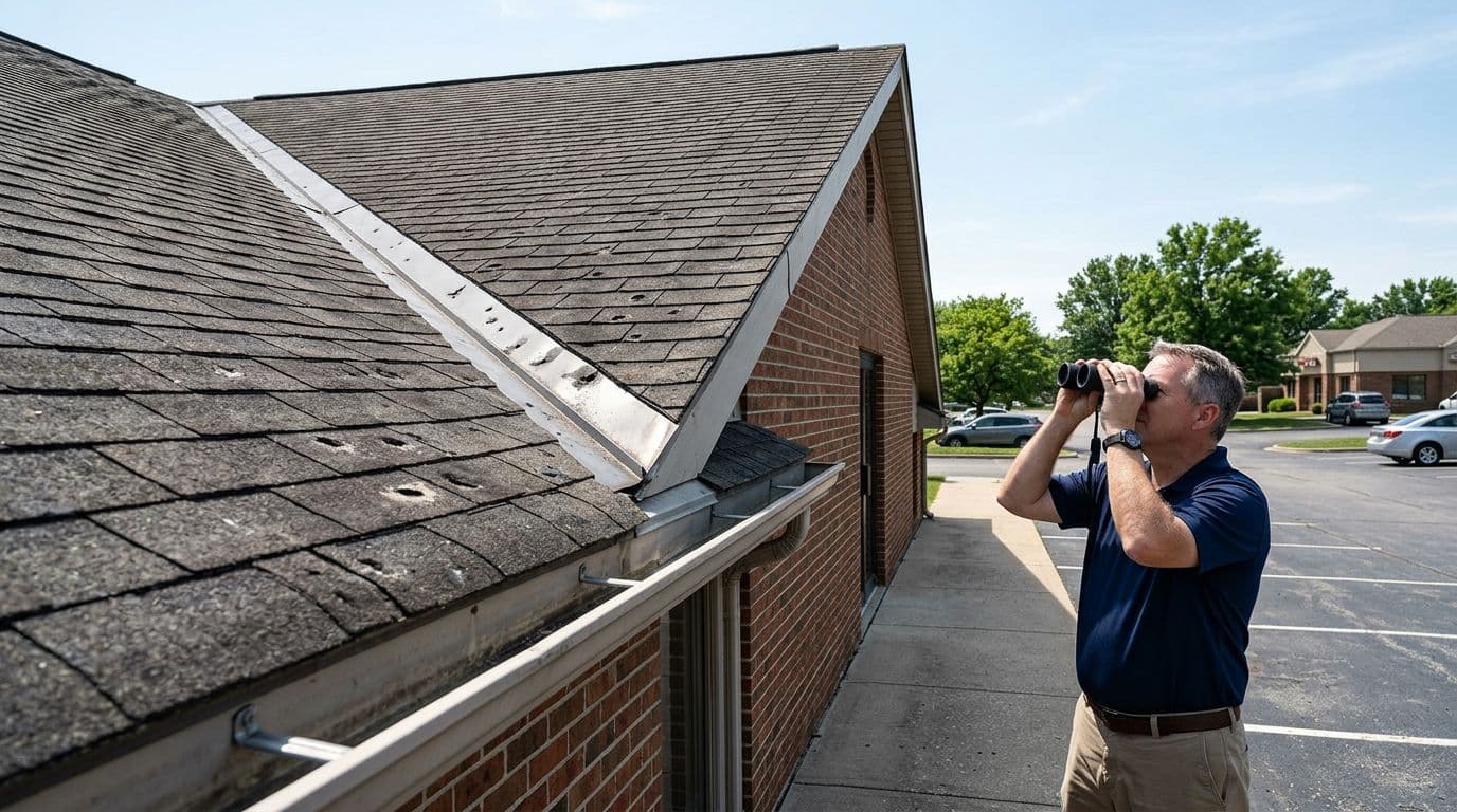 How To Identify Hail Damage On Roof Valleys At Home Business owner using binoculars for safe ground-level inspection of hail-damaged commercial roof valley, spotting granule loss and shingle damage from below in photorealistic daylight view.