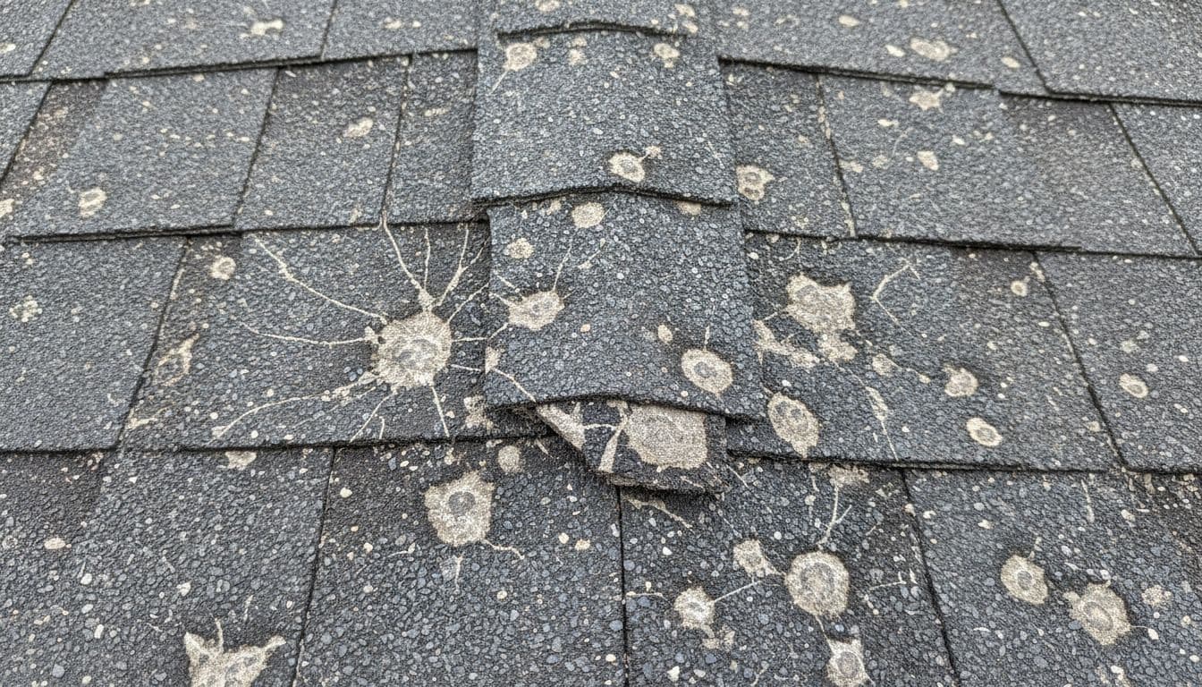 Close-up photograph of weathered asphalt shingle roof edges and corners damaged by hail, showing granule loss, irregular fractures, bruising marks from hail impacts, and scattered small dents under natural overcast daylight lighting with sharp focus on textures.
