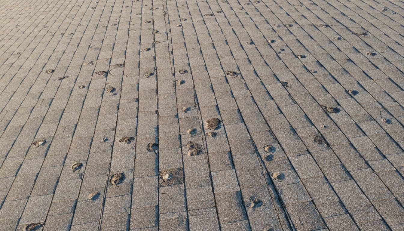 What Does Hail Damage Look Like on Architectural Shingles After a Storm? Detailed overhead view of architectural shingles on a business building roof damaged by hail, showing circular dents, bruises from varying hail sizes, cracked edges, and disrupted granules.
