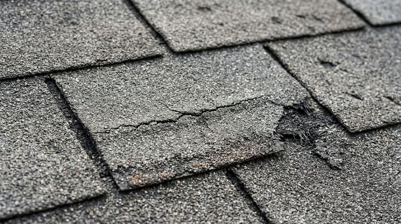 What Does Hail Damage Look Like on Three-Tab Shingles? Photorealistic angled close-up of a three-tab shingle tab on a roof with hail damage, featuring visible crease cracks, corner tearing, and granule scuffing along edges under neutral daylight lighting.