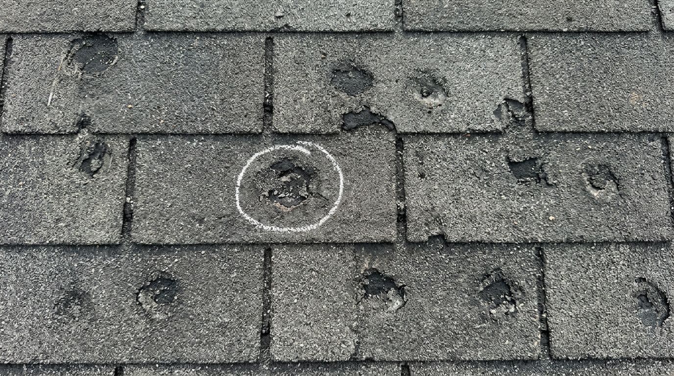 What Does Hail Damage Look Like on Three-Tab Shingles? Photorealistic top-down close-up of three-tab asphalt shingles on a roof displaying classic hail damage: dark circular bruises, granule loss, cratered divots, and shallow dents, with a chalk circle around one impact.