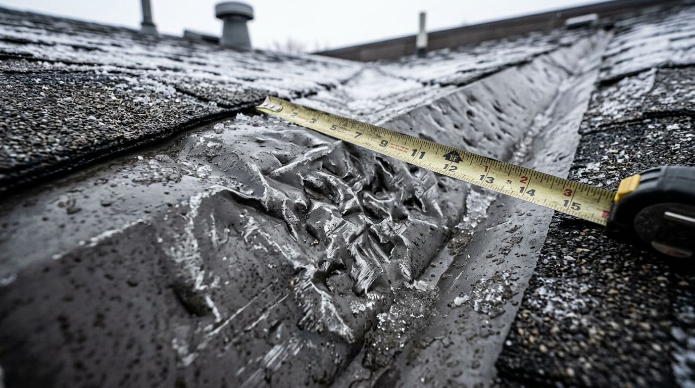 Realistic close-up photo of clustered hail dents and creases on metal valley flashing in a commercial roof valley, Minnesota style with subtle snow residue and measuring tape for scale.