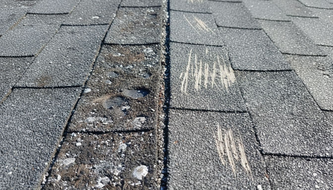 Side-by-side close-up of two asphalt shingles on a roof: left shows hail impacts with circular dents and granule loss, right displays foot traffic effects with linear scratches, scuffs, and granule displacement. Bright daylight, high detail realistic photo.