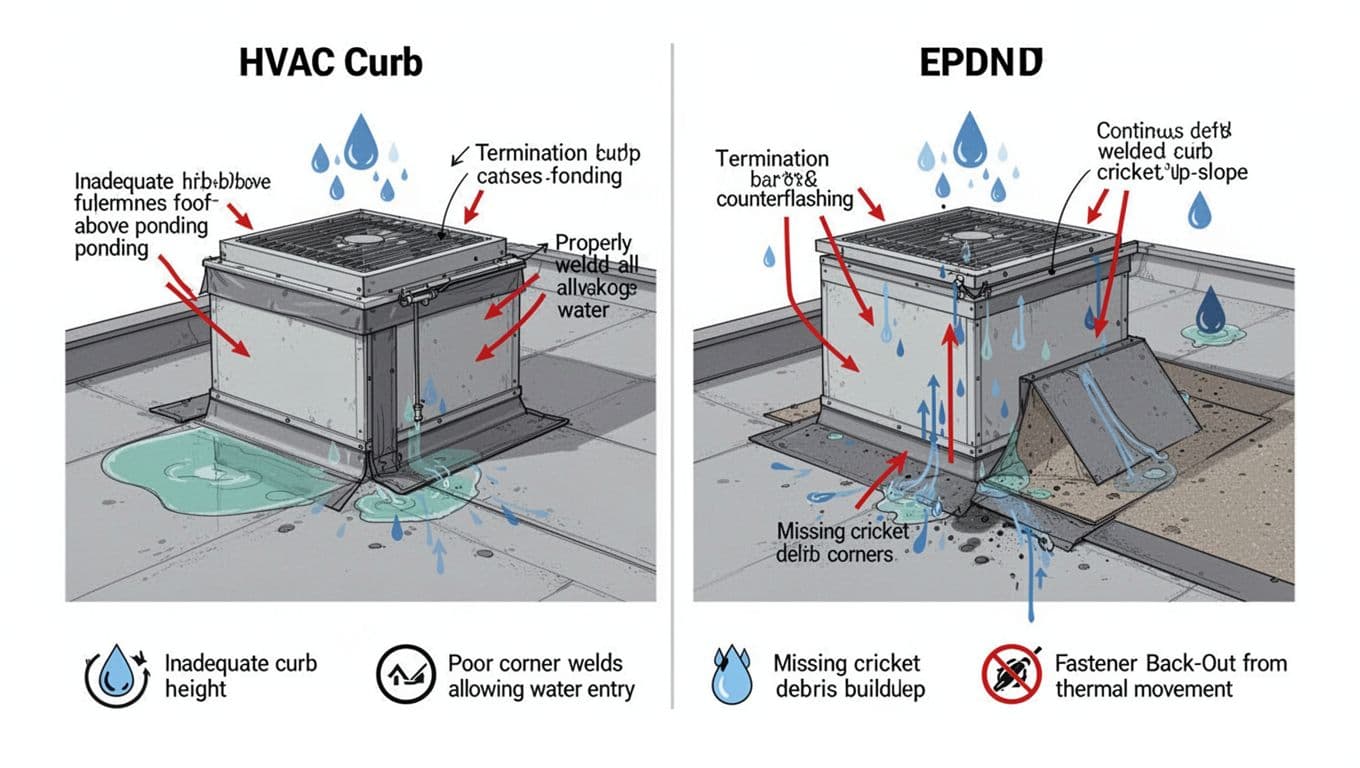 Why do Roof penetrations on flat roofs leak, and how can you prevent it? Clean vector diagram showing correct and incorrect HVAC curb installations on single-ply flat roofs like TPO or EPDM, with labels, arrows, and icons highlighting issues like ponding, poor flashing, and missing crickets.