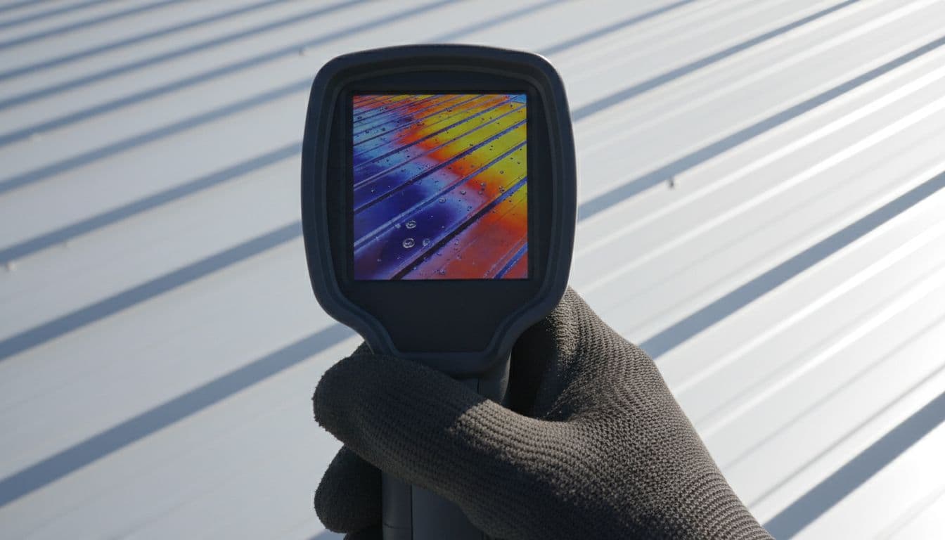 Close-up view of an infrared thermal camera screen showing a heat map of wet areas on a low-slope metal roof, held by a gloved hand in bright daylight.