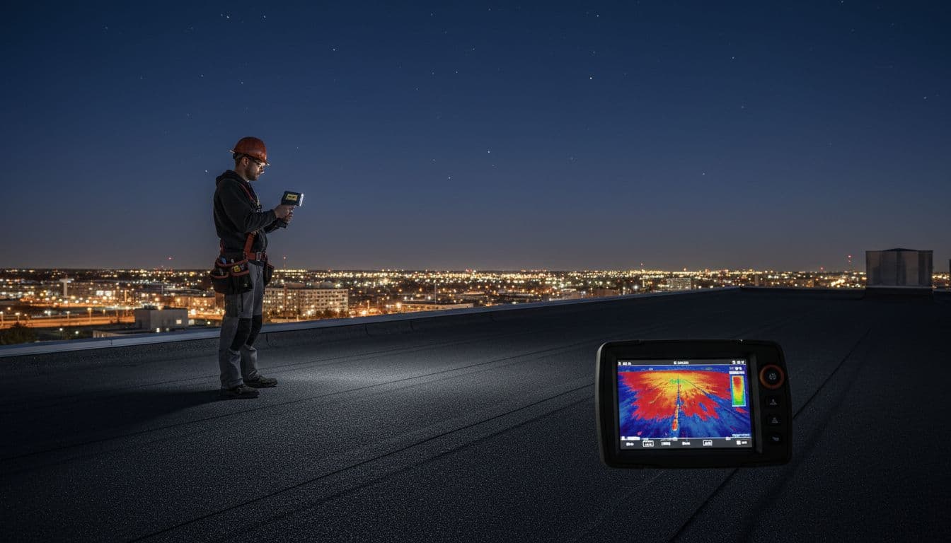 Professional thermographer using handheld infrared thermal camera to scan flat black EPDM commercial roof at night, close-up on screen displaying moisture hot spots, city skyline in background.
