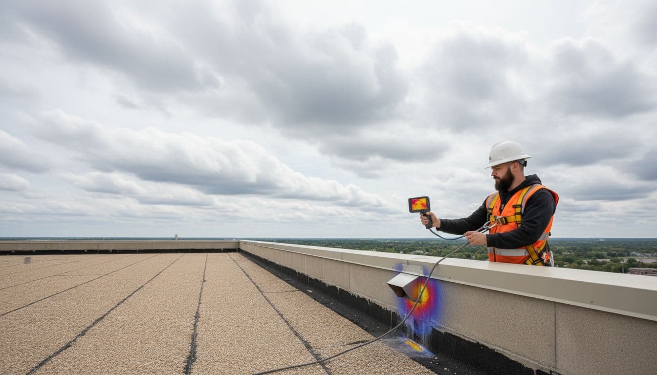 A commercial roofing professional in safety harness, helmet, and high-vis vest uses an infrared thermography camera to detect moisture at a scupper on a flat roof parapet wall, revealing a thermal anomaly. Wide shot includes the roof edge and cloudy Minnesota sky under natural daylight.