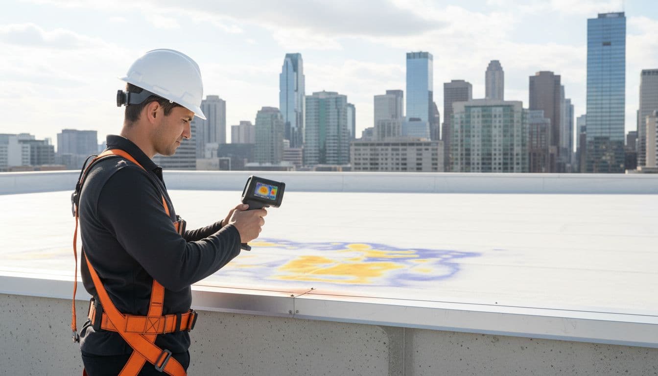 A commercial roofing inspector in safety gear uses an infrared thermal imaging camera to scan a white TPO roof membrane near a parapet wall termination bar, revealing heat signatures indicating hidden moisture against a city skyline.