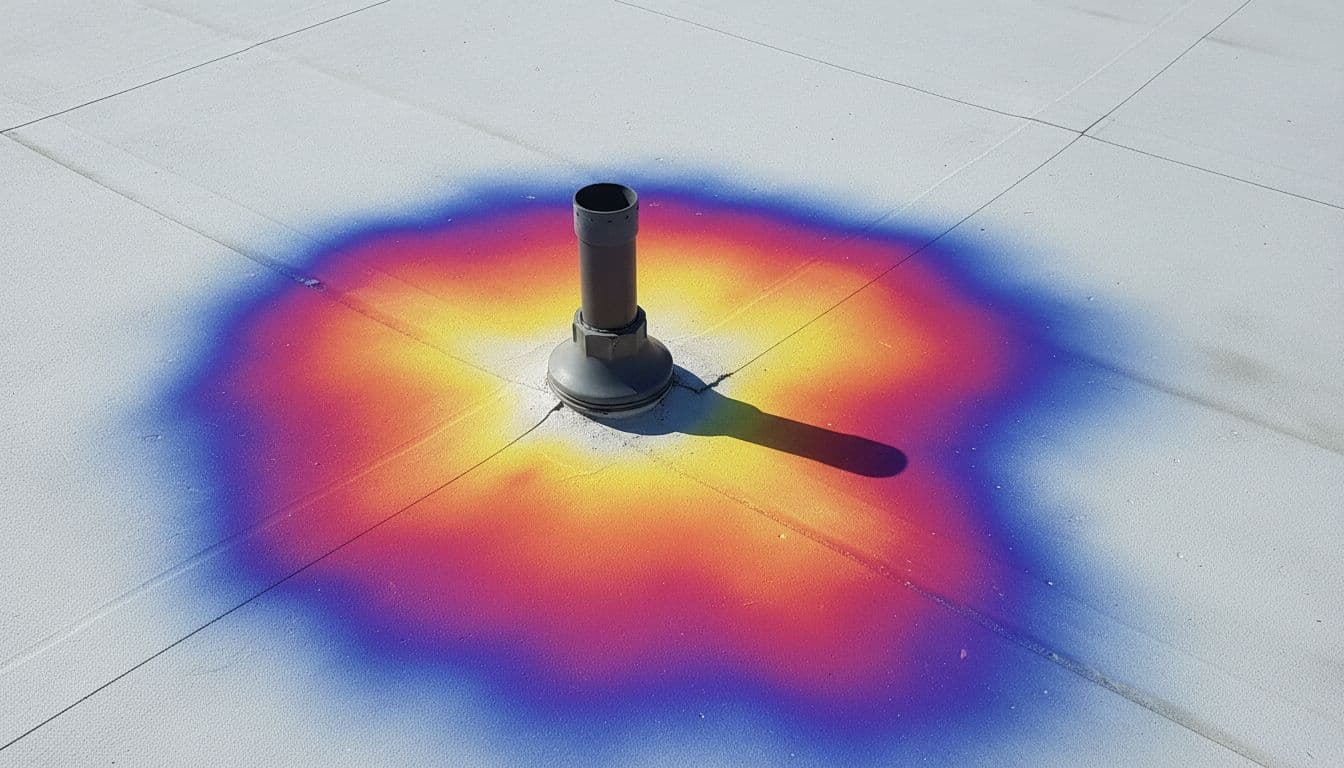 How Do You Detect A TPO Roof Leak At Pipe Boots? Infrared thermography scan of a commercial TPO flat roof revealing hidden moisture in red and yellow tones around a pipe boot penetration, contrasted with cool blue dry areas.