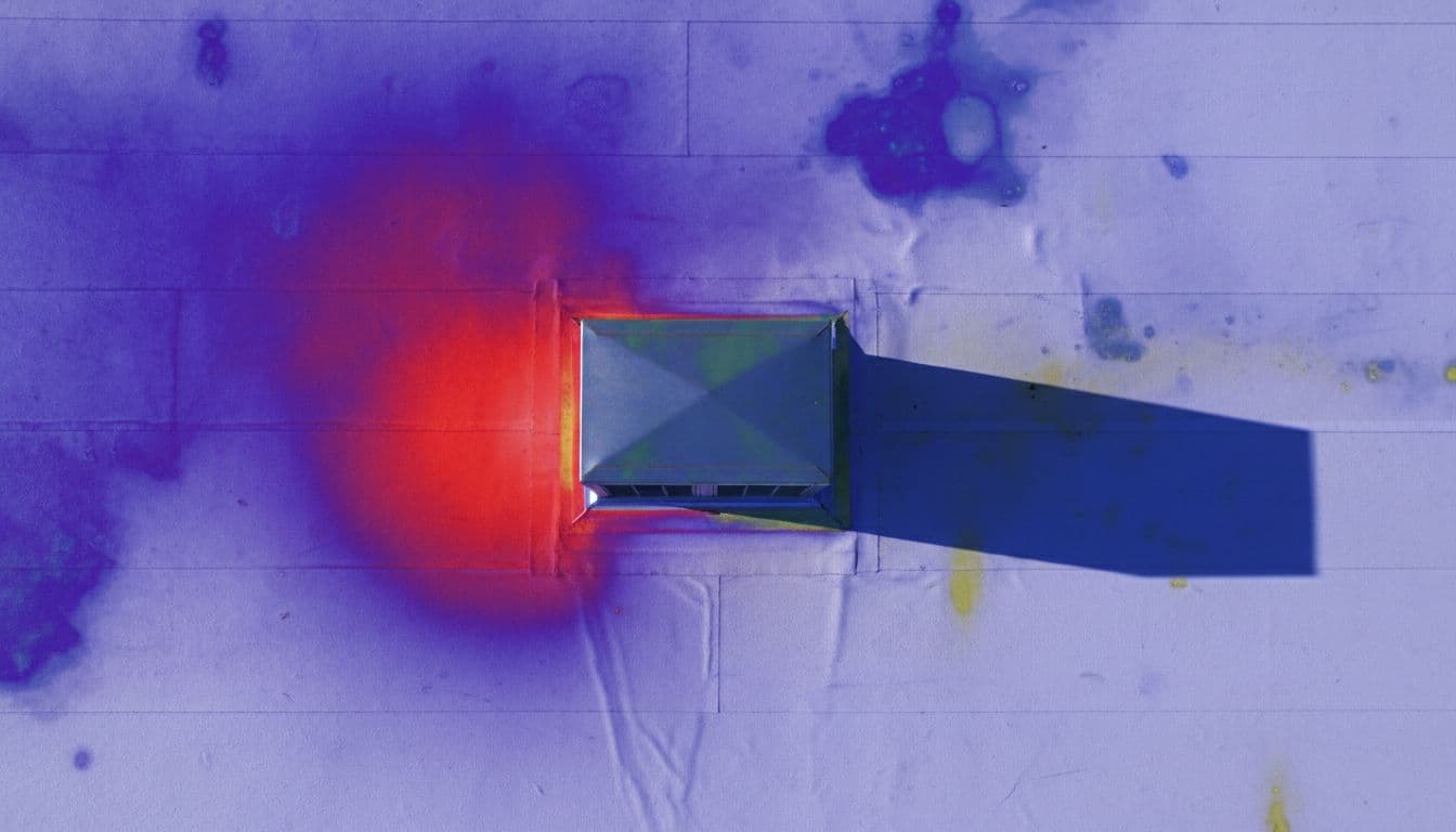 How Do You Find A TPO Roof Leak At HVAC Curb Corners? Infrared thermography image of a commercial flat TPO roof highlighting a moisture leak at the HVAC curb corner in bright red against cooler dry areas in blue and purple. Realistic thermal scan overlay on top-down aerial view of white TPO membrane around metal HVAC curb.