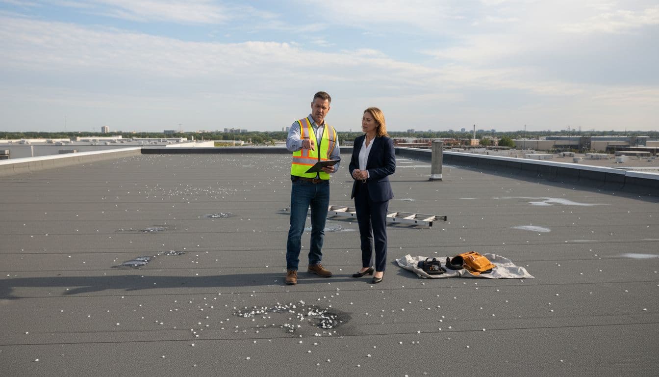 Will Insurance Cover Interior Water Damage After Roof Hail Damage Realistic photo of a professional insurance adjuster in a vest holding a clipboard, pointing to hail dents and granule loss on a gray EPDM flat roof of a commercial warehouse, with the business owner observing nearby; tools and ladder present under partly cloudy skies.