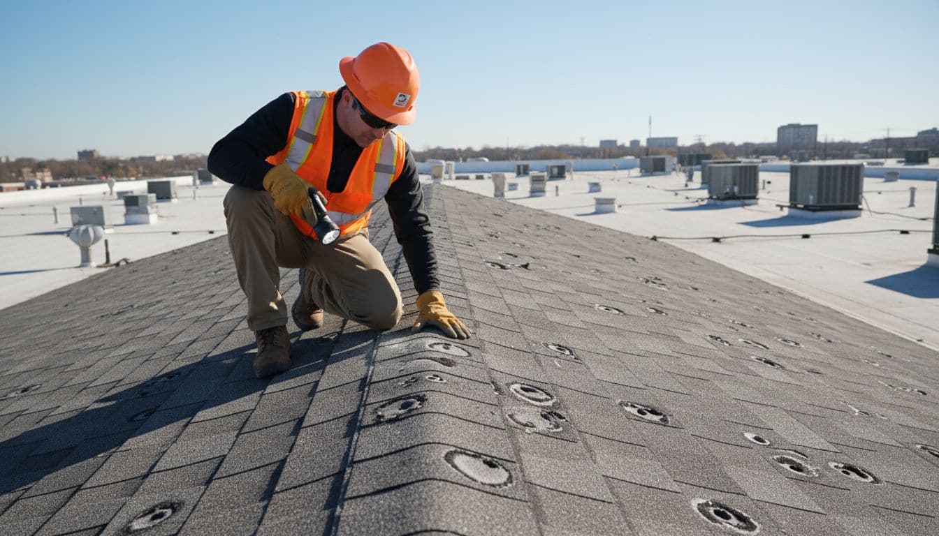 Insurance adjuster in safety gear kneels on a commercial building's asphalt shingle roof, using a flashlight to examine hail-damaged shingles closely amid scattered damage. Realistic daylight photo focused on the hands-on inspection action with exactly one person.
