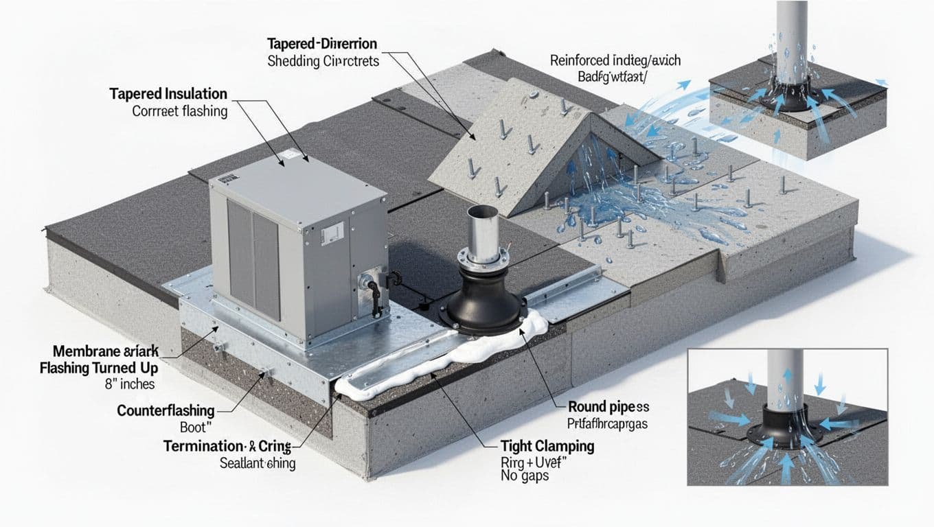 Why do roof penetrations on flat roofs leak, and how can you prevent it? Technical isometric cutaway illustration of a flat commercial roof assembly showing proper penetrations installation including HVAC curb flashing, pipe boot, tapered insulation, and cricket diverter for water shedding.