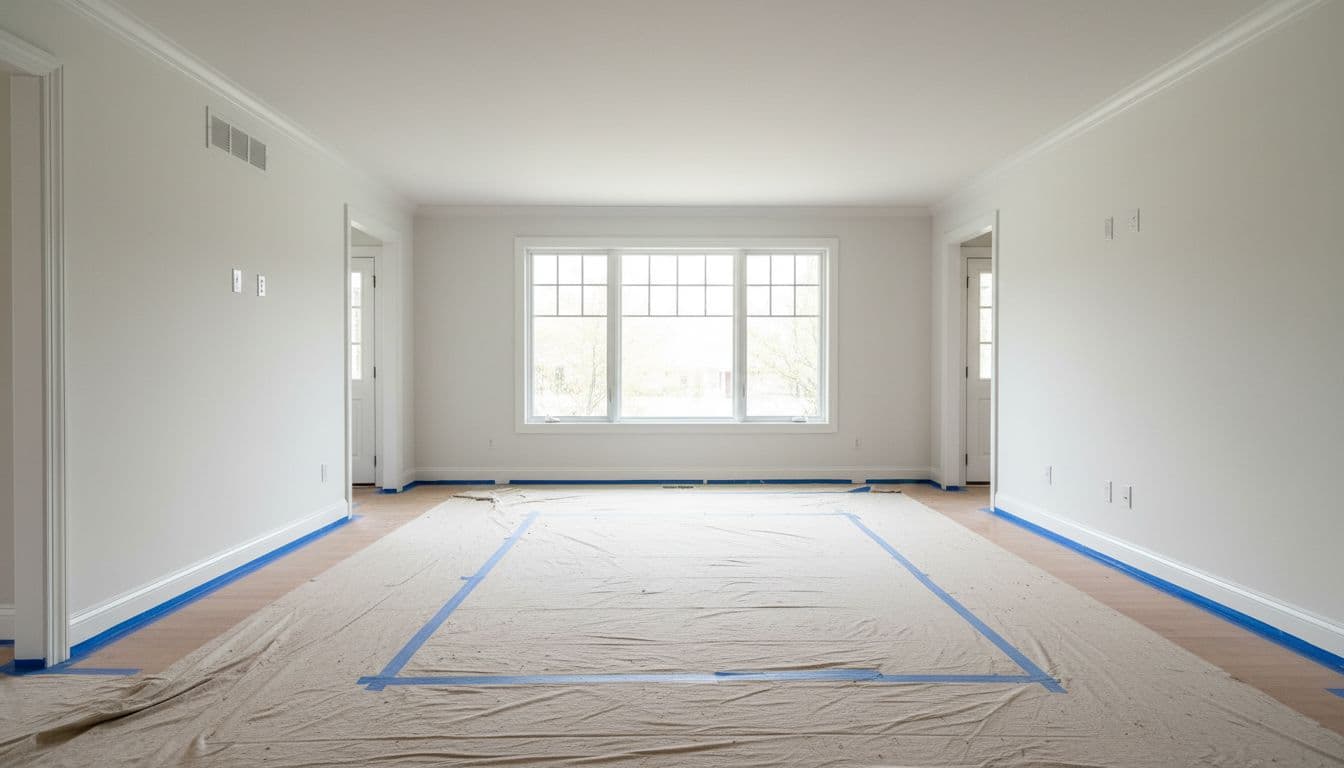 Well-prepared empty living room interior ready for painting, featuring blue painter's tape on trim and ceiling edges, protective drop cloths on the floor, and smooth primed walls in a modern suburban home style with soft natural light from a large window.