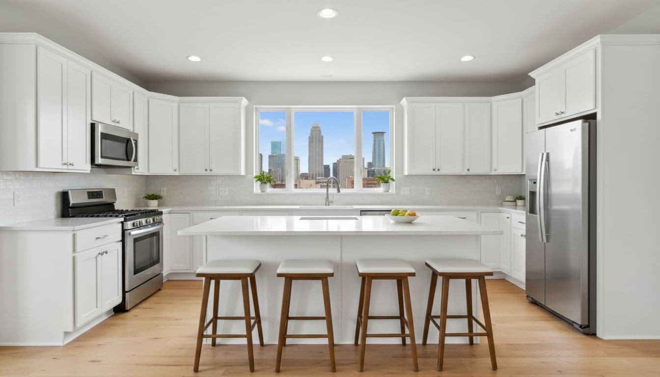 A bright, modern Minneapolis kitchen featuring white shaker cabinets, light gray walls, hardwood floors, a central island with stools, and natural daylight from a city-view window, showcasing a professional paint job result.