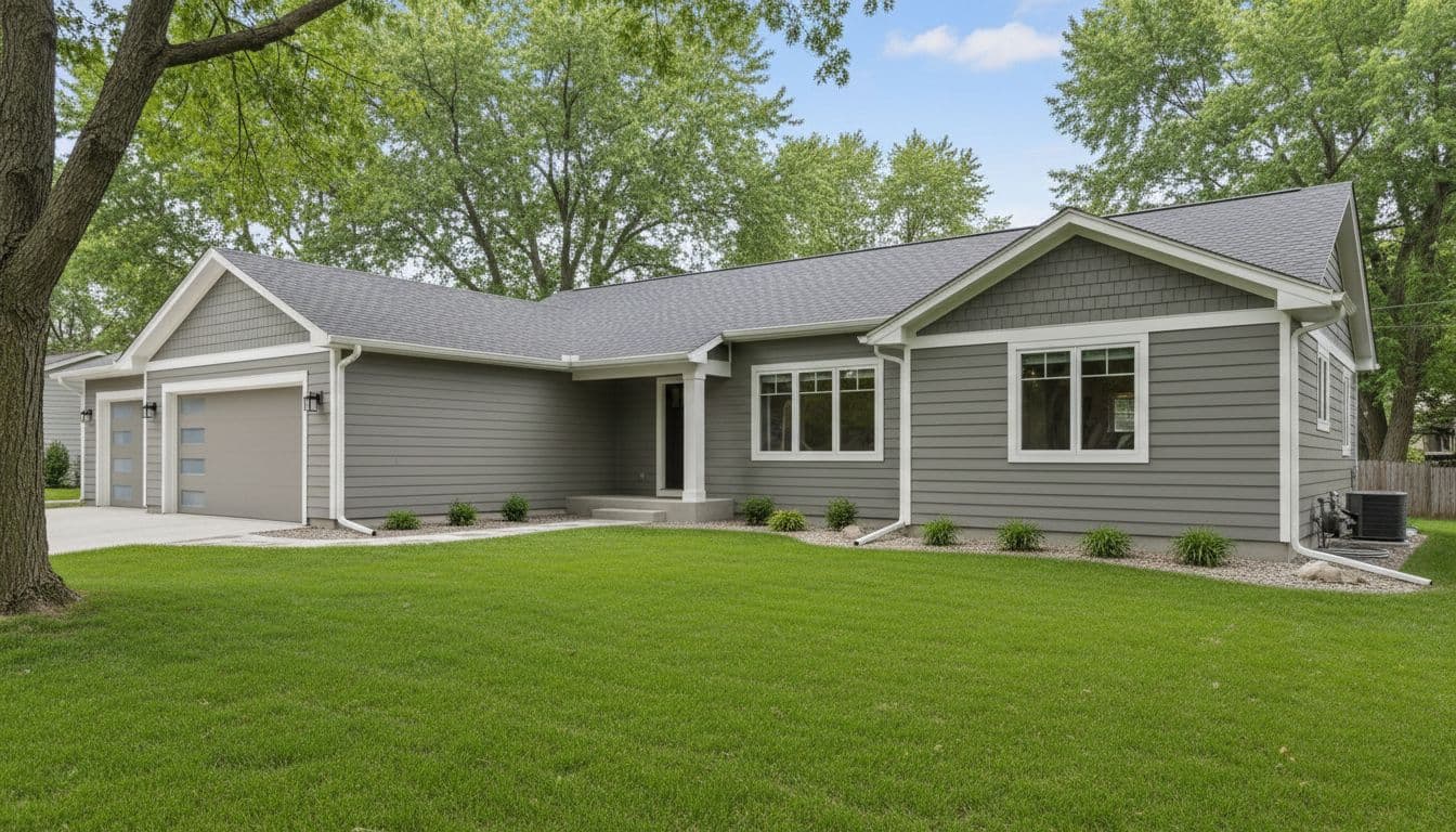 A modern suburban house in Minneapolis showcases freshly painted LP SmartSide siding in neutral gray, featuring a clean exterior and vibrant green lawn under summer daylight. This realistic wide-angle view highlights a professionally painted home exterior with no people, text, logos, or watermarks.