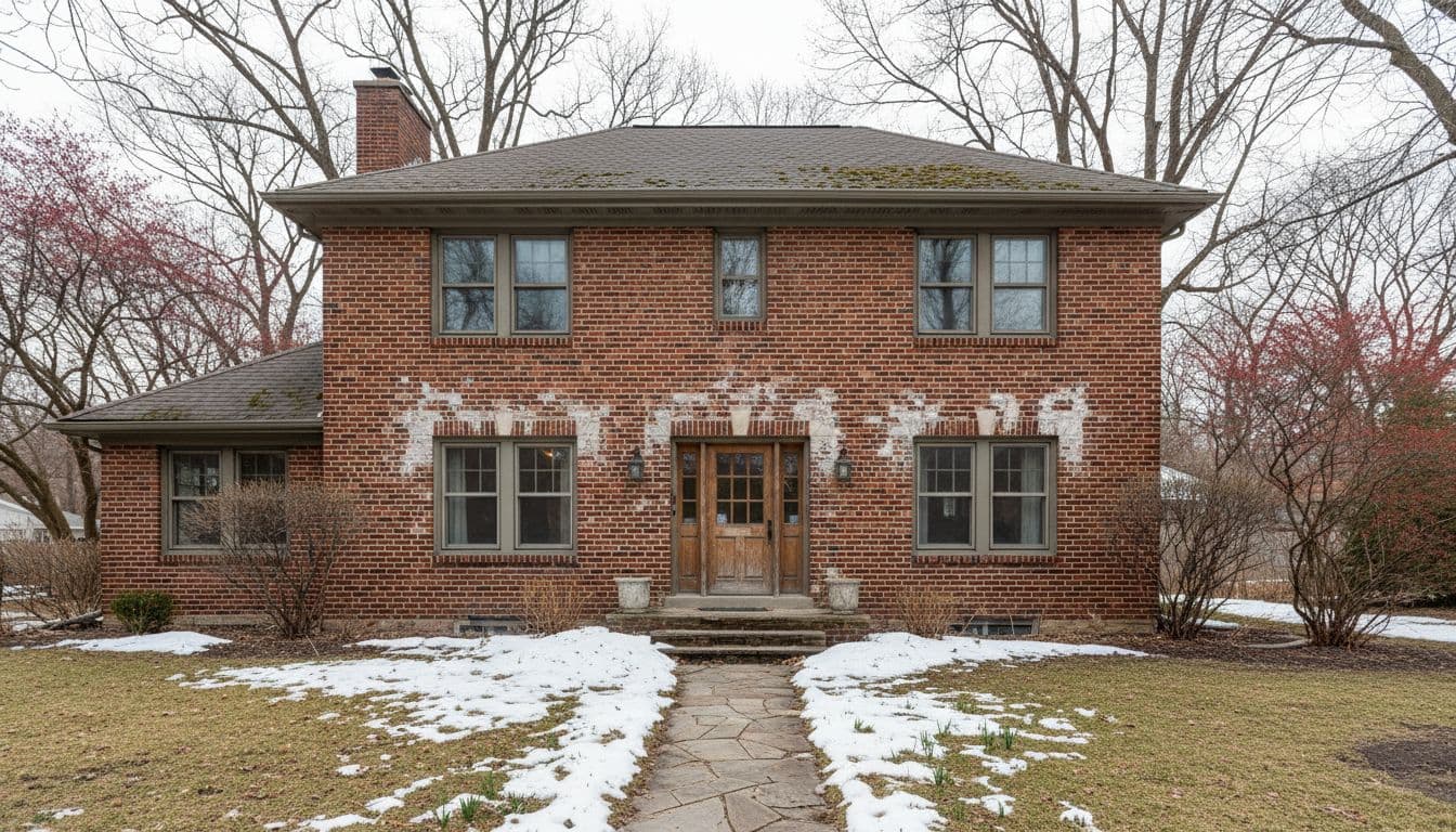 Traditional red brick house exterior in a Minneapolis suburb like Edina, showing Minnesota freeze-thaw damage with minor cracks, white efflorescence stains, and weathered mortar in early spring with patchy snow and budding trees.
