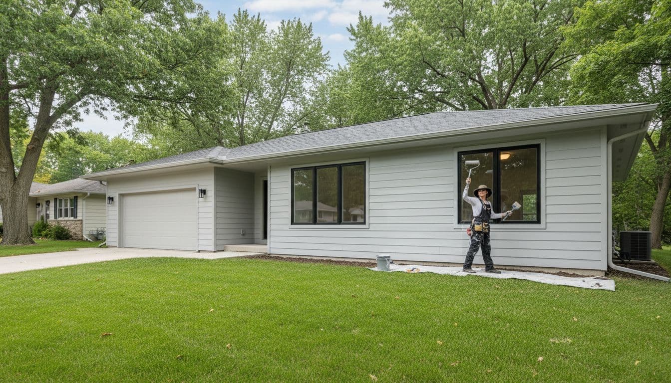 A professional painter applies fresh exterior paint to the siding of a modern single-story ranch-style house in a Minneapolis suburb during early summer, featuring lush green lawn, mature trees, and partly cloudy sky.