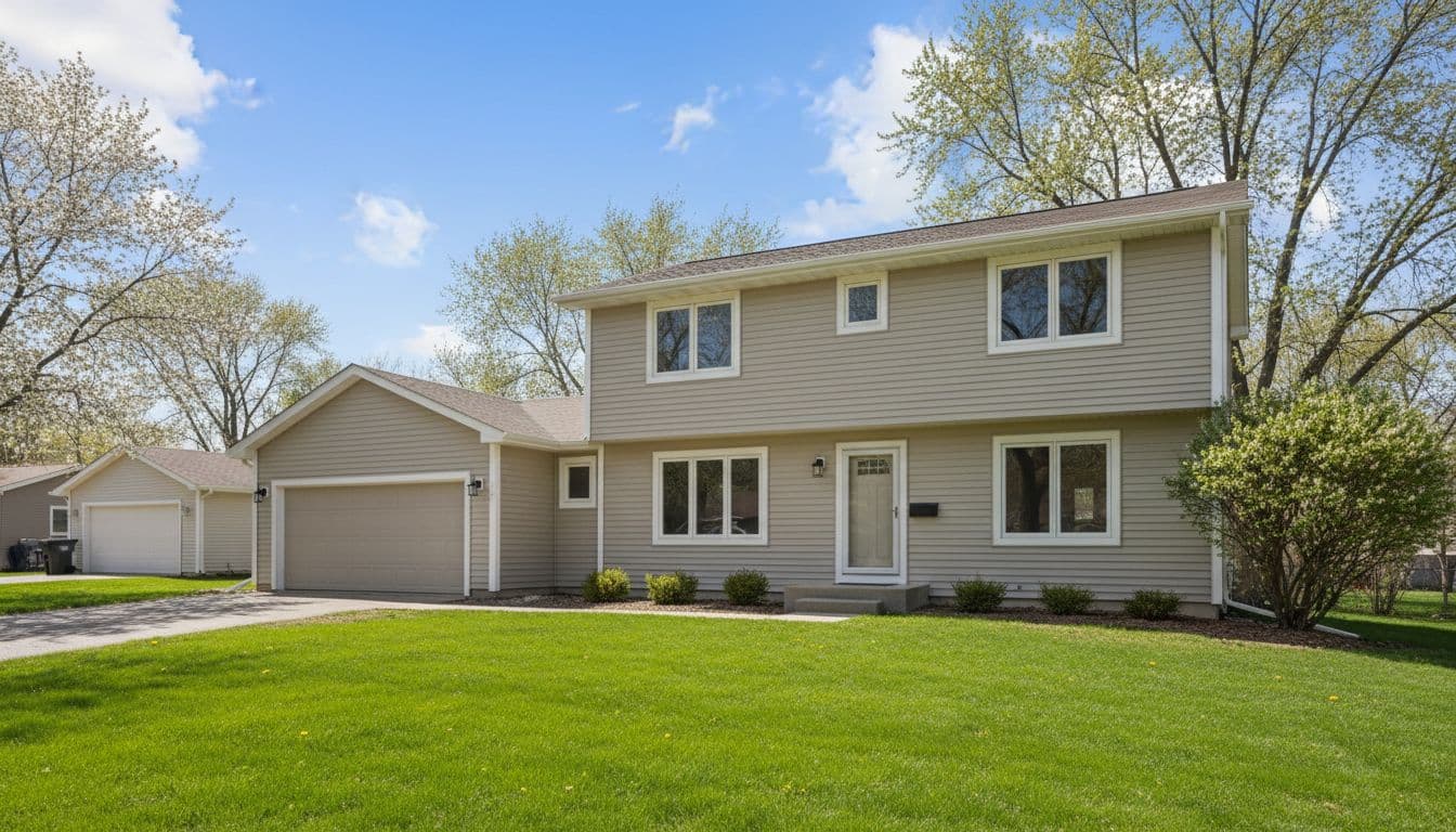 Freshly painted neutral beige vinyl siding on a two-story house in a Minneapolis suburb neighborhood, featuring a clean modern look. Spring daytime wide landscape view showing front facade and side with green lawns and trees, realistic photo style under natural sunlight, no people.
