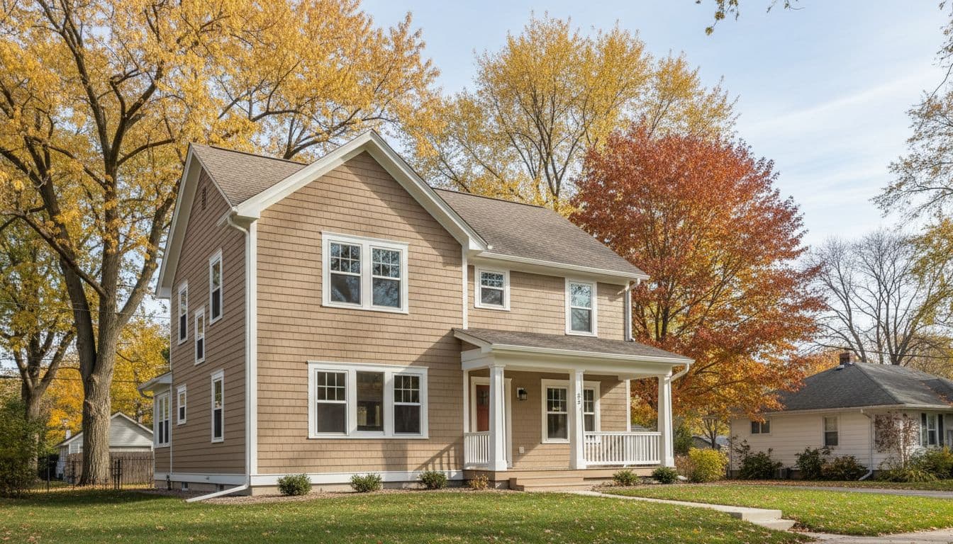 A realistic photo of a two-story cedar siding house in a Minneapolis suburban neighborhood during early fall, freshly painted in neutral beige with white trim, surrounded by green lawn and trees with autumn leaves, in bright natural daylight.