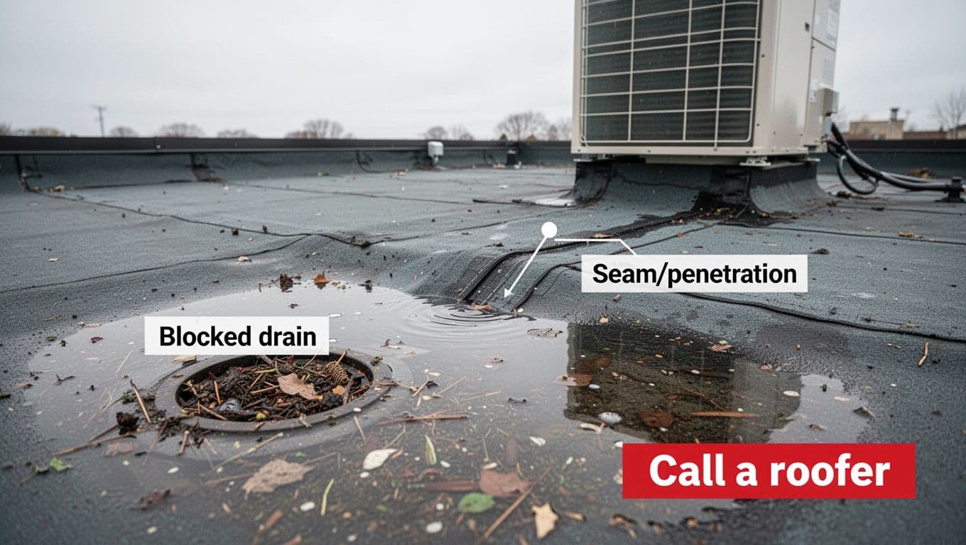 Close-up educational photo of 2-inch ponding water near a seam and HVAC penetration on a Minnesota commercial flat roof, showing membrane wrinkling and debris-blocked drain, with overlaid labels highlighting problems and advising to call a roofer.