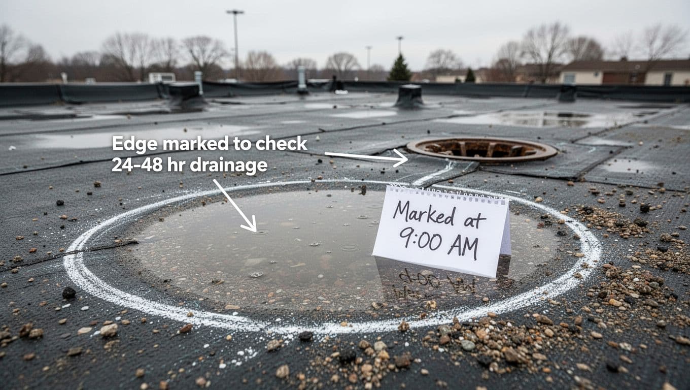 Close-up realistic photo of a commercial flat roof in Minnesota featuring a white chalk circle marking the edge of shallow ponding water for a drainage test, with a note card labeled 'Marked at 9:00 AM' and an explanatory label.