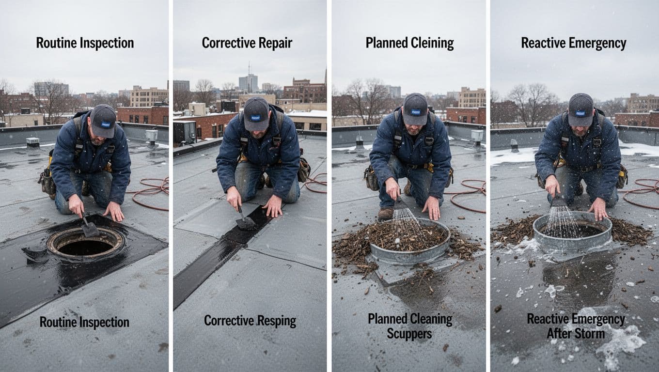 What Maintenance Should Be Done on a Roof, and How Do You Maintain a Commercial Roof? Four-panel realistic illustration depicting types of commercial roof maintenance on a flat urban building under a Minnesota winter sky: routine inspection, corrective repair, planned cleaning, and reactive emergency fix, with one worker per panel.