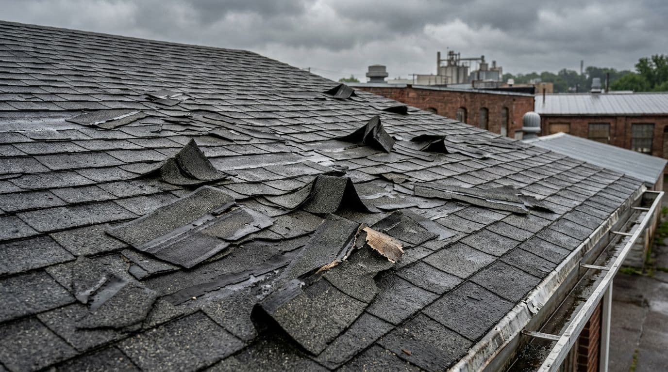 Photorealistic medium shot of a Minnesota commercial building roof section with creased shingles from wind damage, bent tabs, unsealed adhesive, and missing granules under overcast sky.