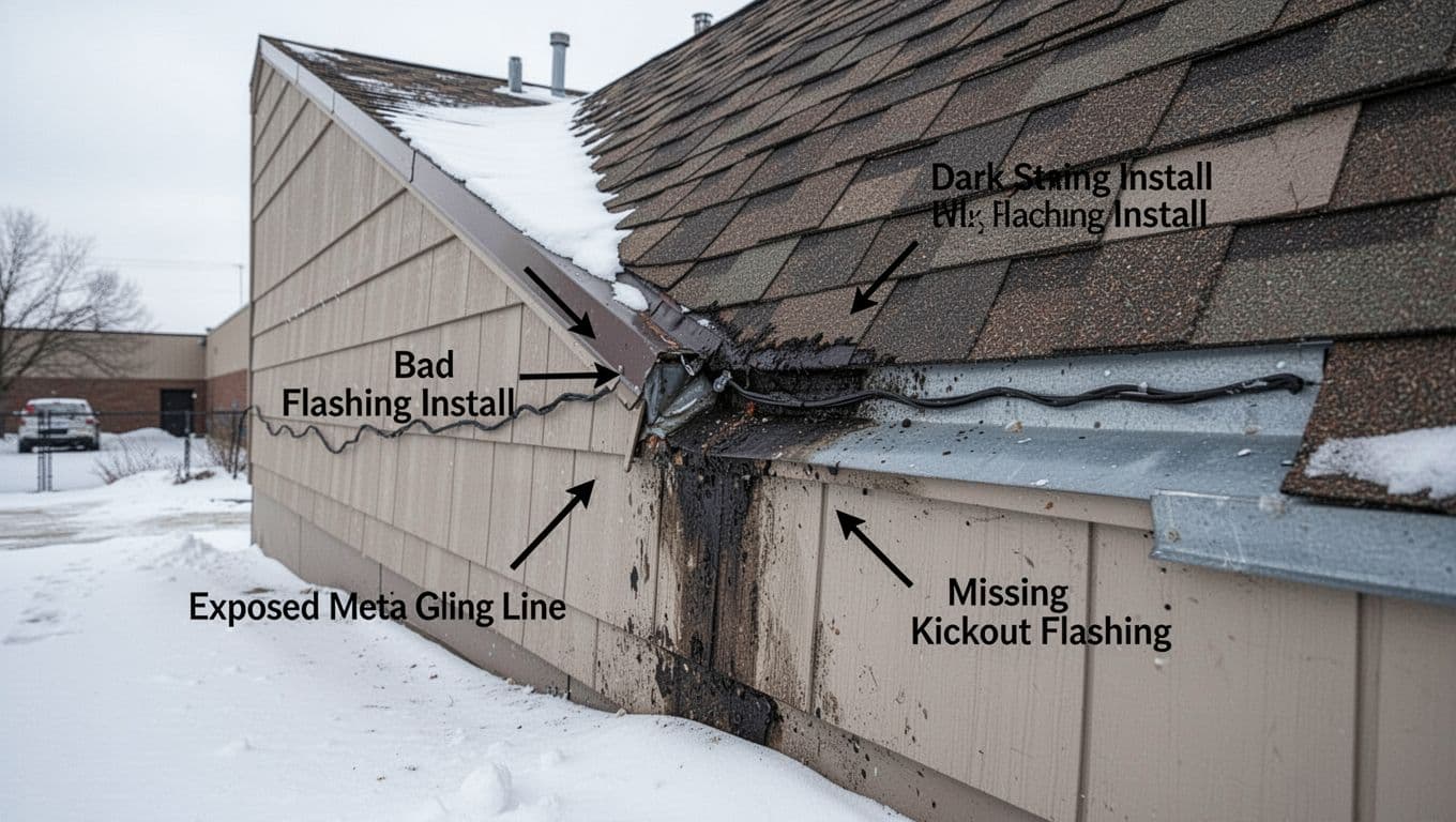 What is step flashing vs. counter flashing on a Minnesota roof, and how can you spot a bad install from the ground? Ground-view telephoto perspective in natural daylight showing signs of poor sidewall flashing installation where sloped roof meets vertical sidewall on a Minnesota commercial building, with snowy ground in February. Highlights wavy shingle line, dark staining, missing kickout flashing, and exposed metal edges with subtle arrows and labels.