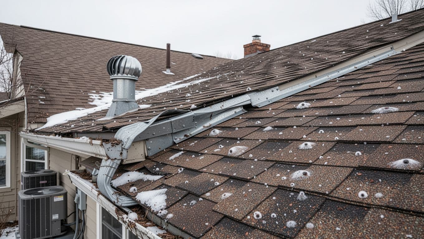 What size hail damages an asphalt shingle roof in Minnesota? Photo-realistic educational image depicting hail damage on a suburban house's asphalt shingle roof slope in Minnesota under overcast skies with light snow patches. Highlights include bruised shingles, dented metal vent cap, bent aluminum gutters and downspout, damaged siding trim, dents and cracks on AC units, spatter marks, and marked air conditioner fins.