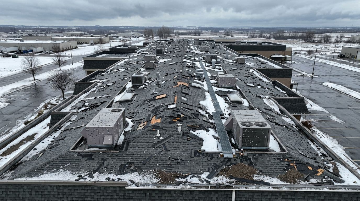 What Are Roof Shingles? Types, Materials, and How They Work Landscape aerial view of a commercial building roof severely damaged by a Minnesota hail storm, with scattered granule piles in gutters, random dents on AC units and vents, creased and missing asphalt shingles, light snow patches under a cloudy sky, and detailed damage textures.