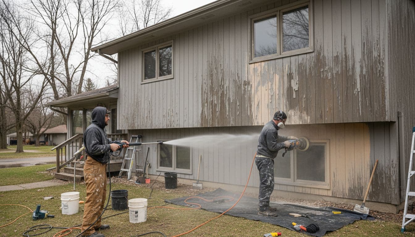 Two professional painters in work clothes and safety gear prepare weathered wood siding on a split-level house in Minnesota—one power washing, the other sanding nearby—with tools on the ground during an overcast spring day.