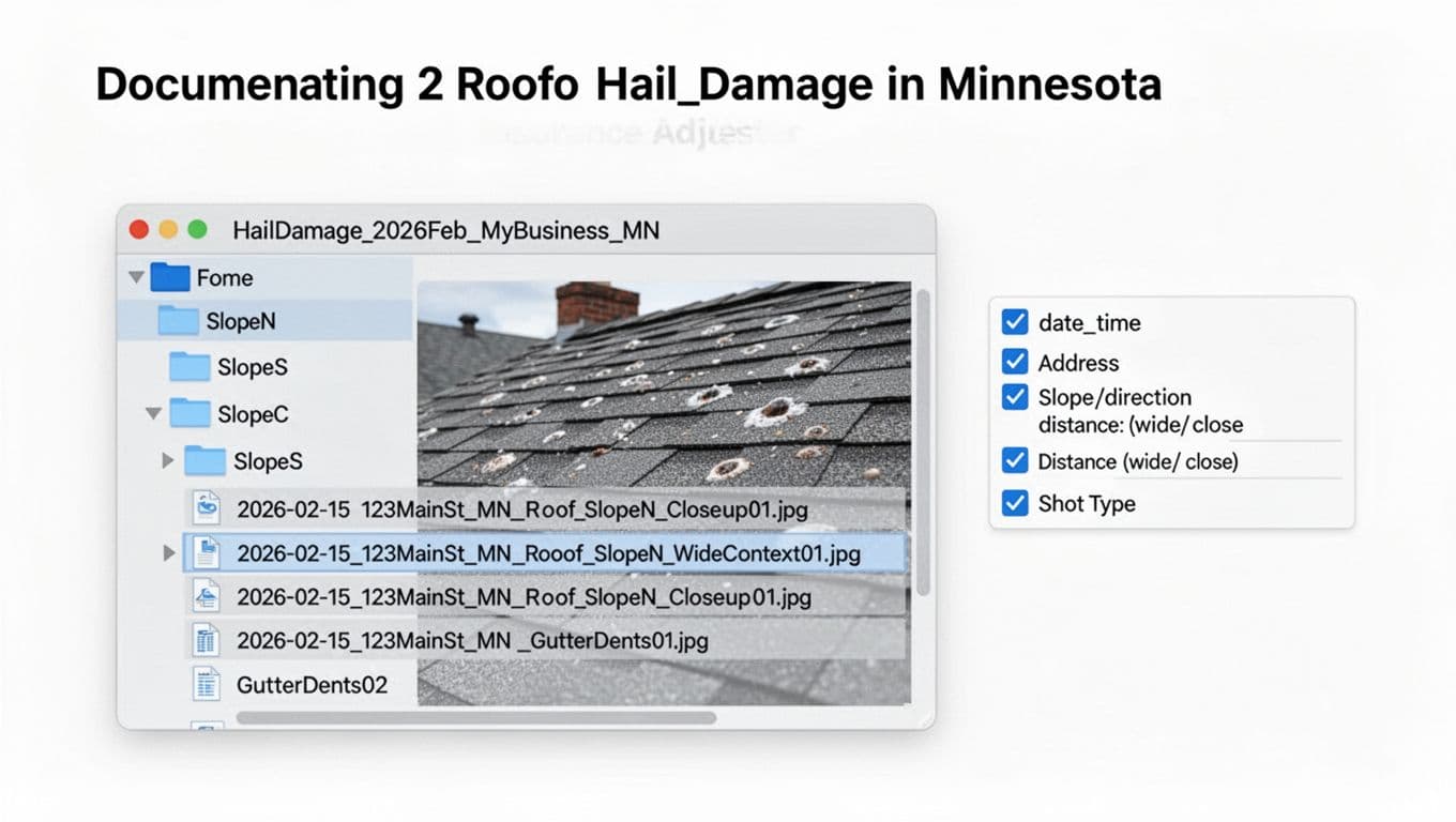 How to Document Roof Hail Damage With Photos (Insurance-Ready Checklist) Professional instructional graphic depicting a folder tree structure for organizing hail damage roof photos in Minnesota, with sample filenames and a concise documentation checklist.