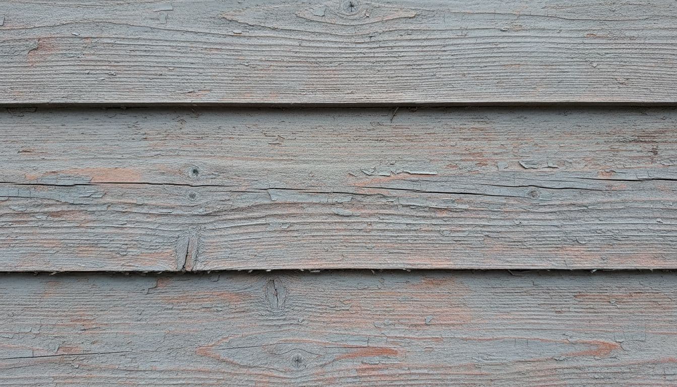 Close-up detail of cedar wood siding on a house exterior, exhibiting slight cracking from freeze-thaw cycles and moisture damage due to Minnesota's harsh winter weather, with natural wood grain visible under faded paint and an overcast sky.