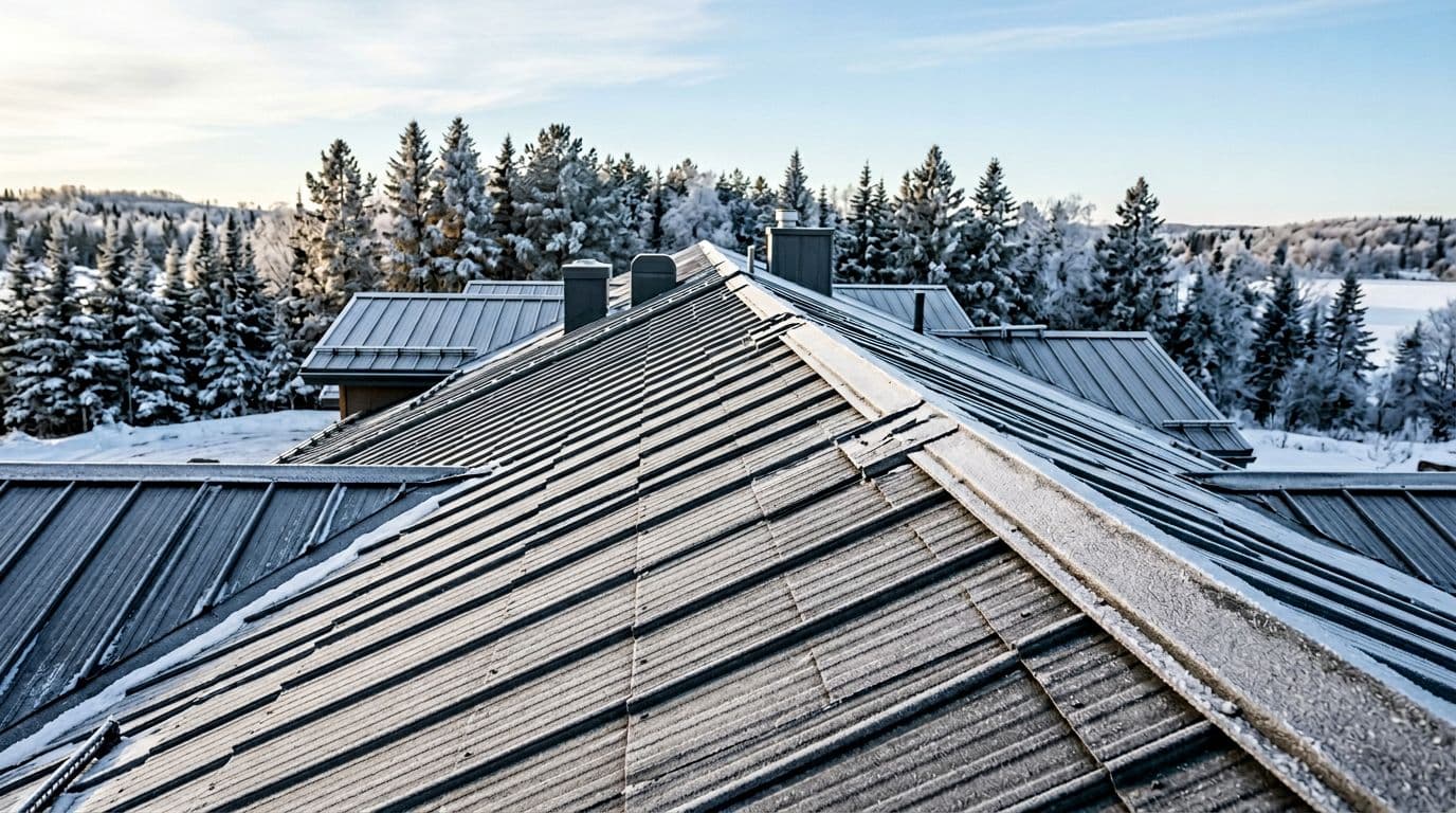 What Are Roof Shingles? Types, Materials, and How They Work Landscape photo of interlocking steel gray metal shingles on a sloped commercial roof with light snow dusting the edges, evergreens in the background under crisp morning light.