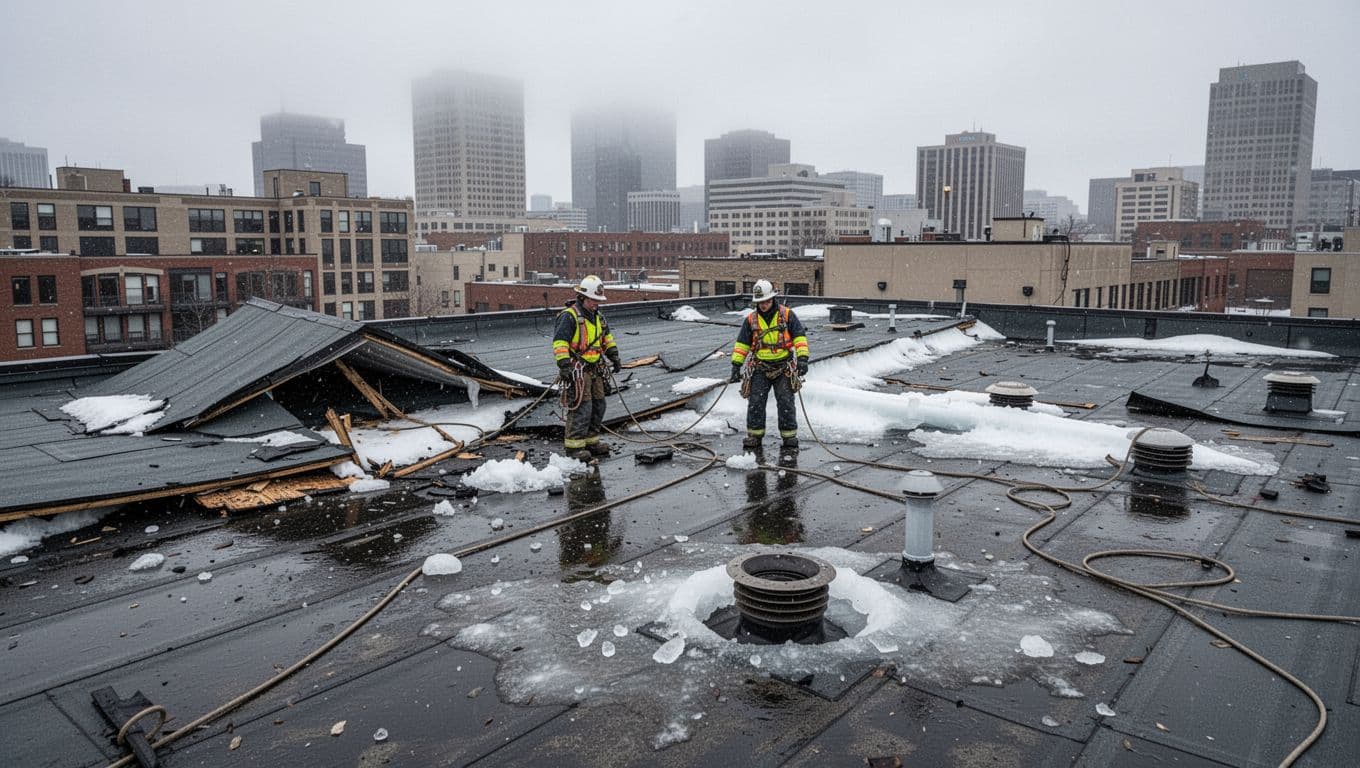 What Maintenance Should Be Done on a Roof, and How Do You Maintain a Commercial Roof? Two professional roofers in safety gear inspect severe damage on a large flat commercial roof after a Minnesota winter storm, including wind-lifted edges, ice dams, and clogged drains under gray skies with cityscape background.