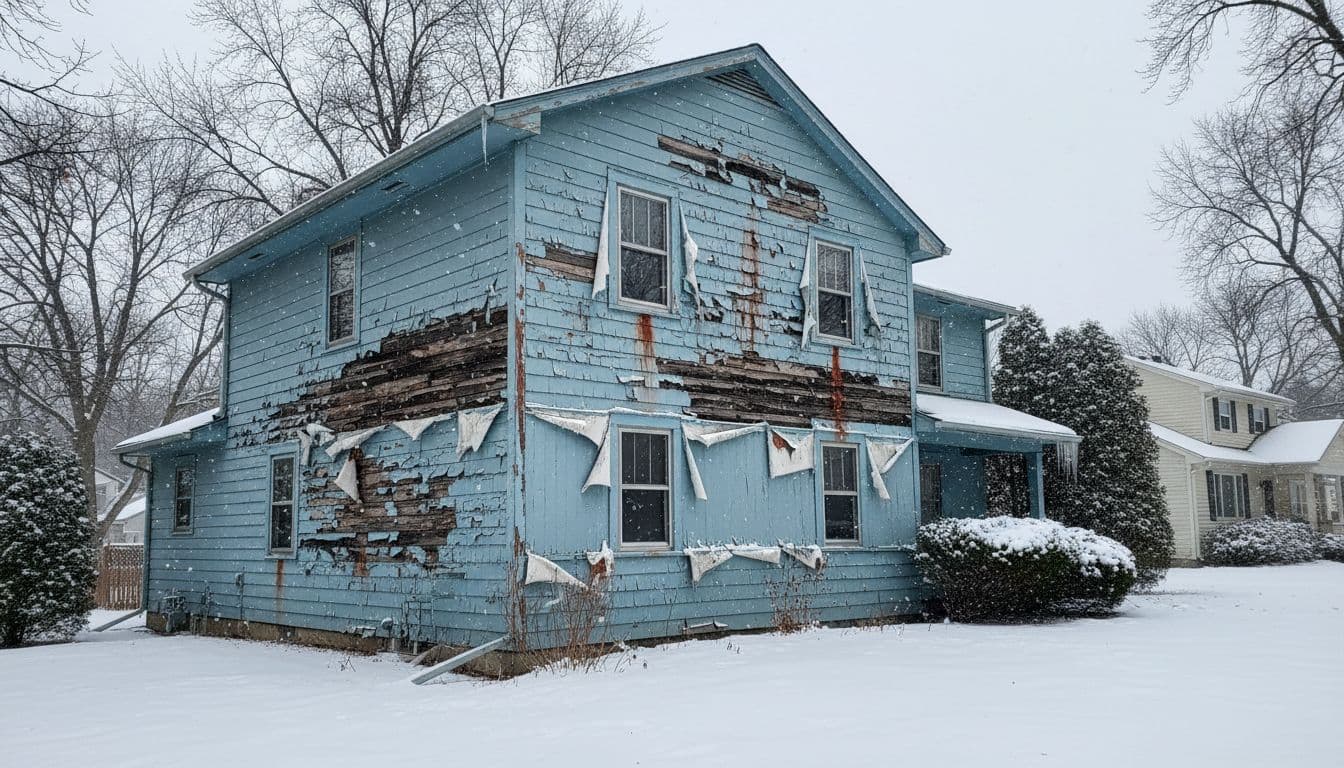 Twin Cities home in Edina or Plymouth showing wood siding damaged by Minnesota winter freeze-thaw cycles, with peeling paint and ice damage before painting.
