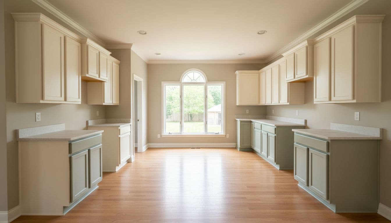 Beautifully painted modern kitchen interior in a Maple Grove, Minnesota home featuring fresh neutral colors on walls, cabinets, and trim. Empty room with warm natural light showcasing flawless finish in realistic high-detail photo style.