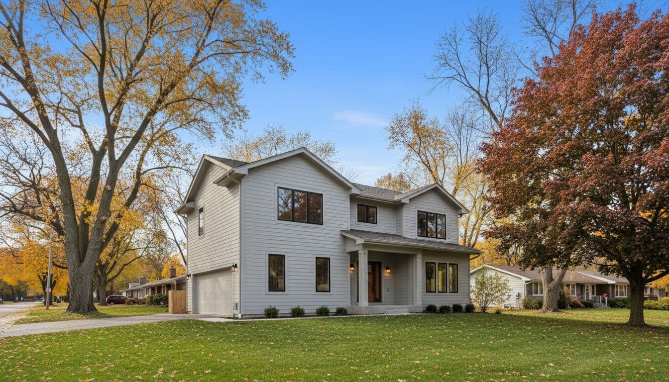 A modern two-story house in a Minneapolis suburb featuring fresh light gray painted Hardie Board siding, green lawn, fall-colored trees, and clear daytime sky in a wide-angle street view with realistic photo style and natural lighting.