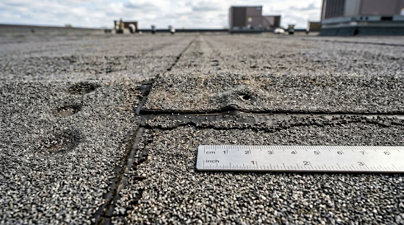 How To Spot Modified Bitumen Hail Damage In Minnesota Realistic educational close-up of modified bitumen roof seam and lap area showing subtle hail bruising, displaced granules along lap edge, and small puncture at raised detail, with ruler for scale on Minnesota low-slope commercial roof.