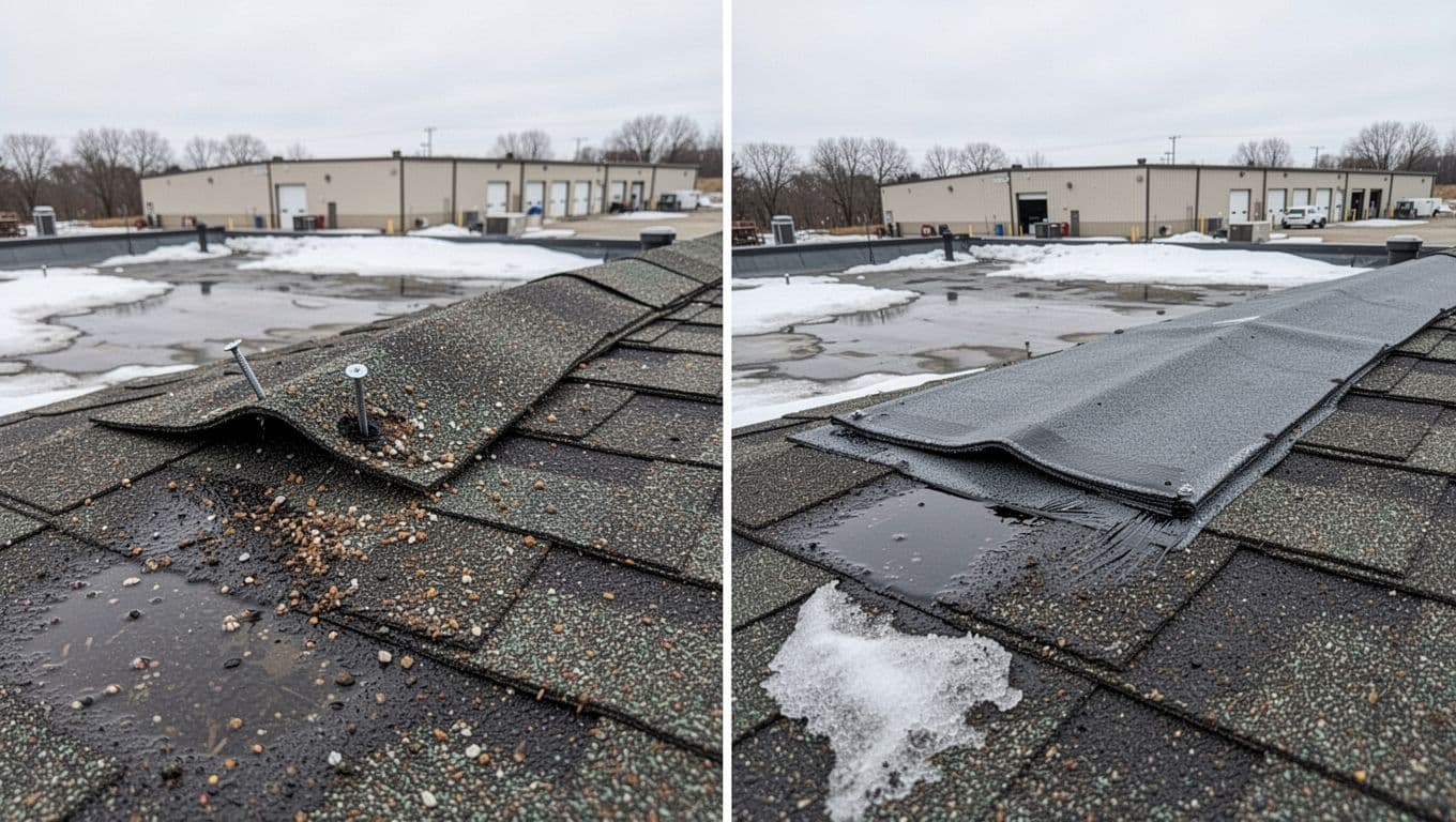 How Do I Spot Nail Pops On Asphalt Shingles In Minnesota? Realistic high-resolution landscape photo comparing before and after nail pop repair on asphalt shingles: left half shows unrepaired nail pop with lifted shingle, protruding nail, granule loss; right half shows repaired flat shingle reseated and sealed smoothly on a commercial warehouse roof in Minnesota early spring with snow melt puddles and overcast sky.