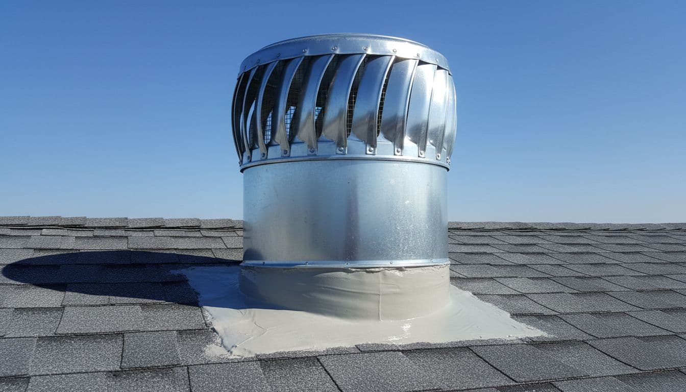 Can Hail Damage Roof Vents Without Hurting Shingles Newly repaired metal roof vent on commercial flat roof after hail damage replacement, smooth surface with fresh sealant around base and intact surrounding shingles, sunny day with blue sky.
