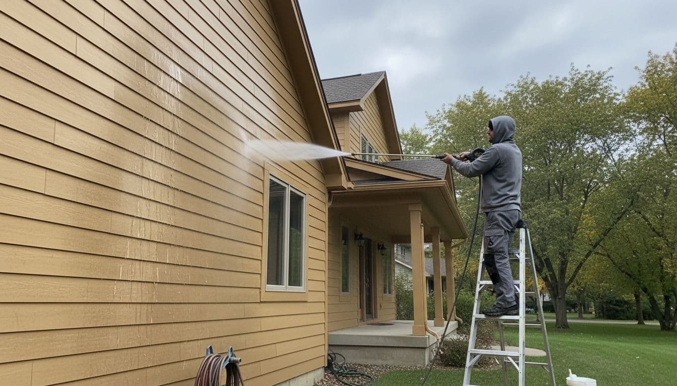 A uniformed painter power washes an exterior LP SmartSide siding wall on a suburban Minnesota home under overcast natural light, emphasizing essential surface preparation for painting.