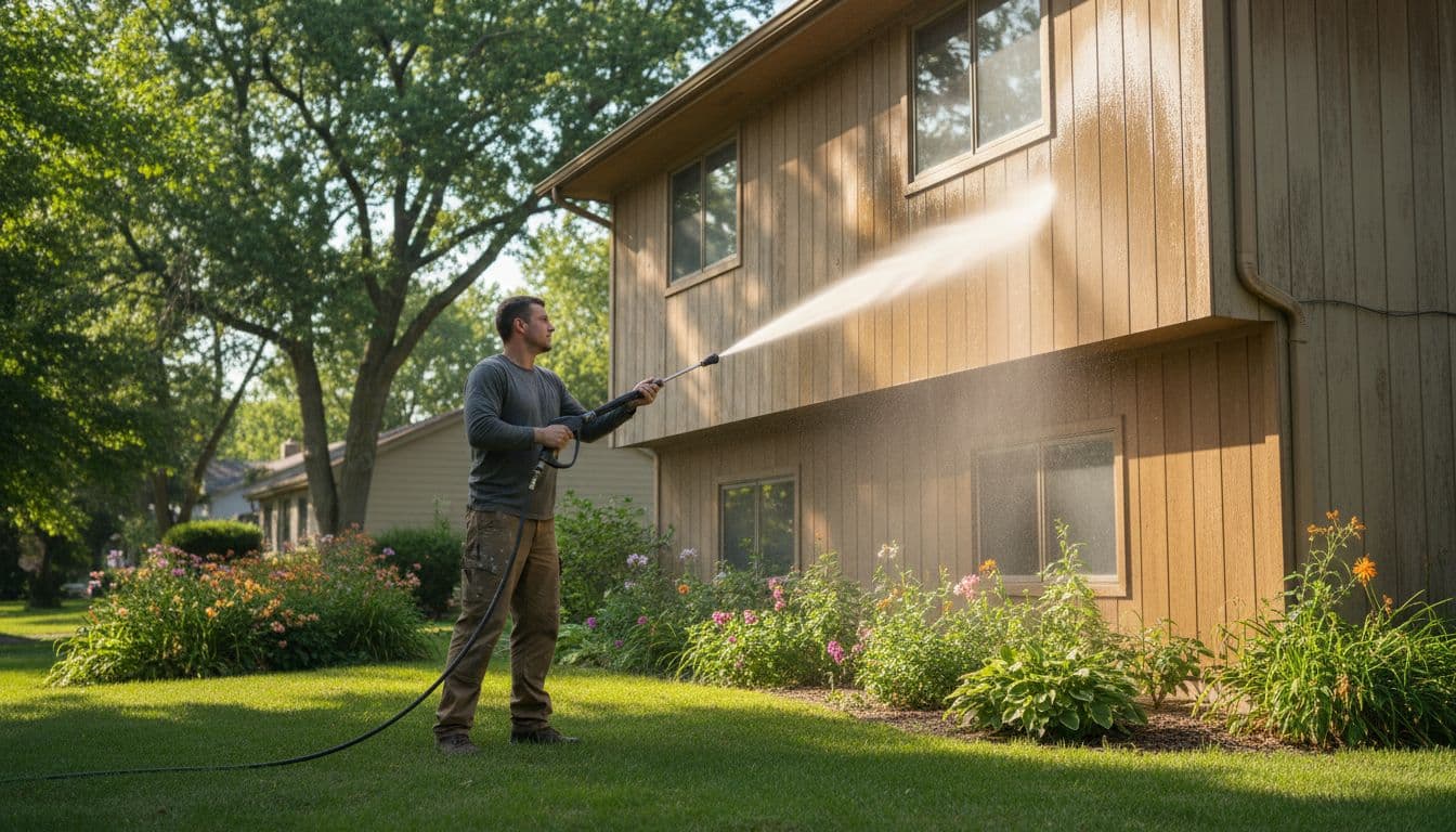 Exterior House Painting Cost Per Square Foot in Minneapolis (2026 Pricing Guide) 2 Professional painter power washing the wood siding of a two-story house in a Minneapolis suburb on a sunny summer day, essential prep for exterior painting.