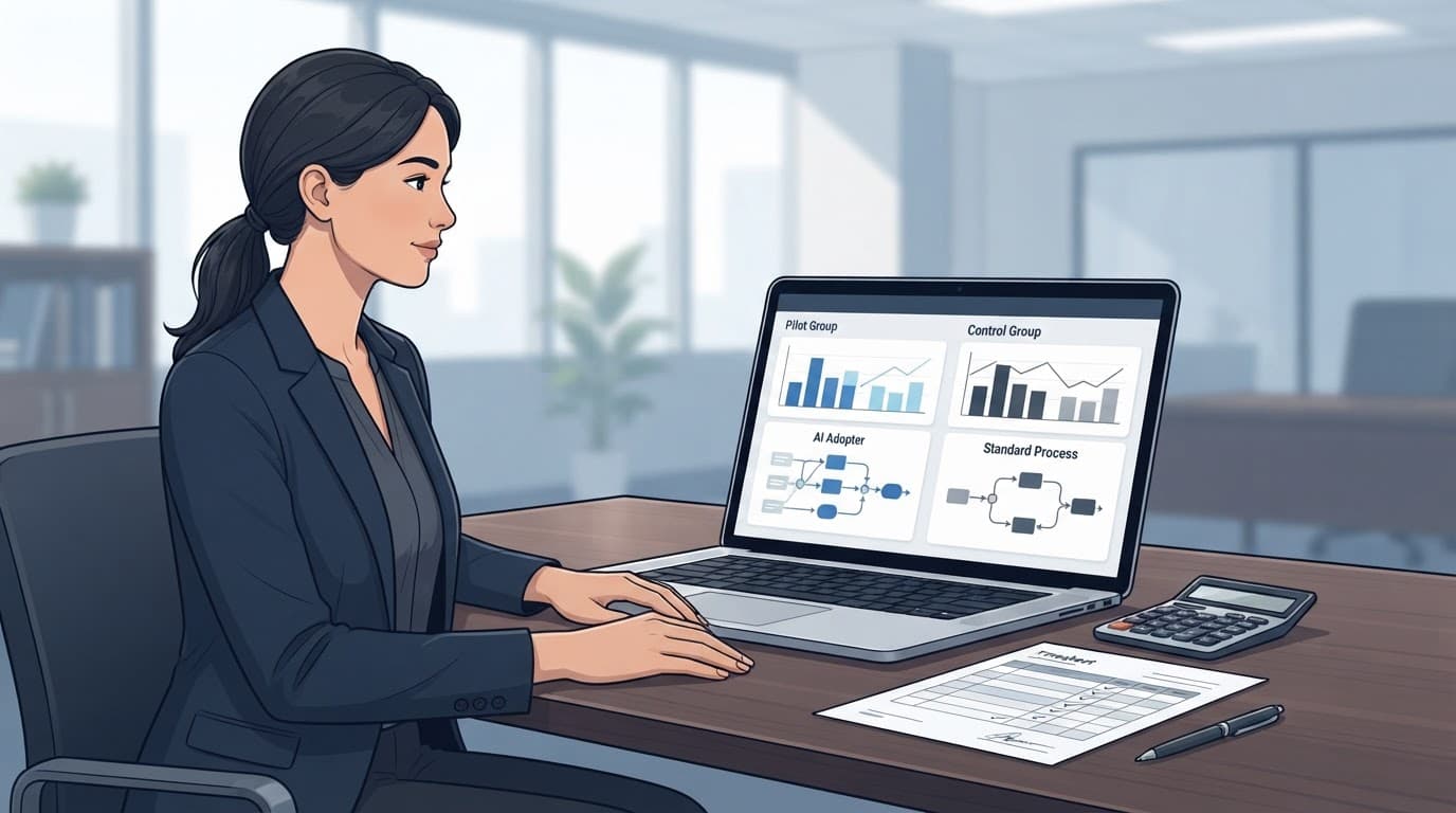 Analyst comparing two dashboards beside a laptop, calculator, and timesheet.