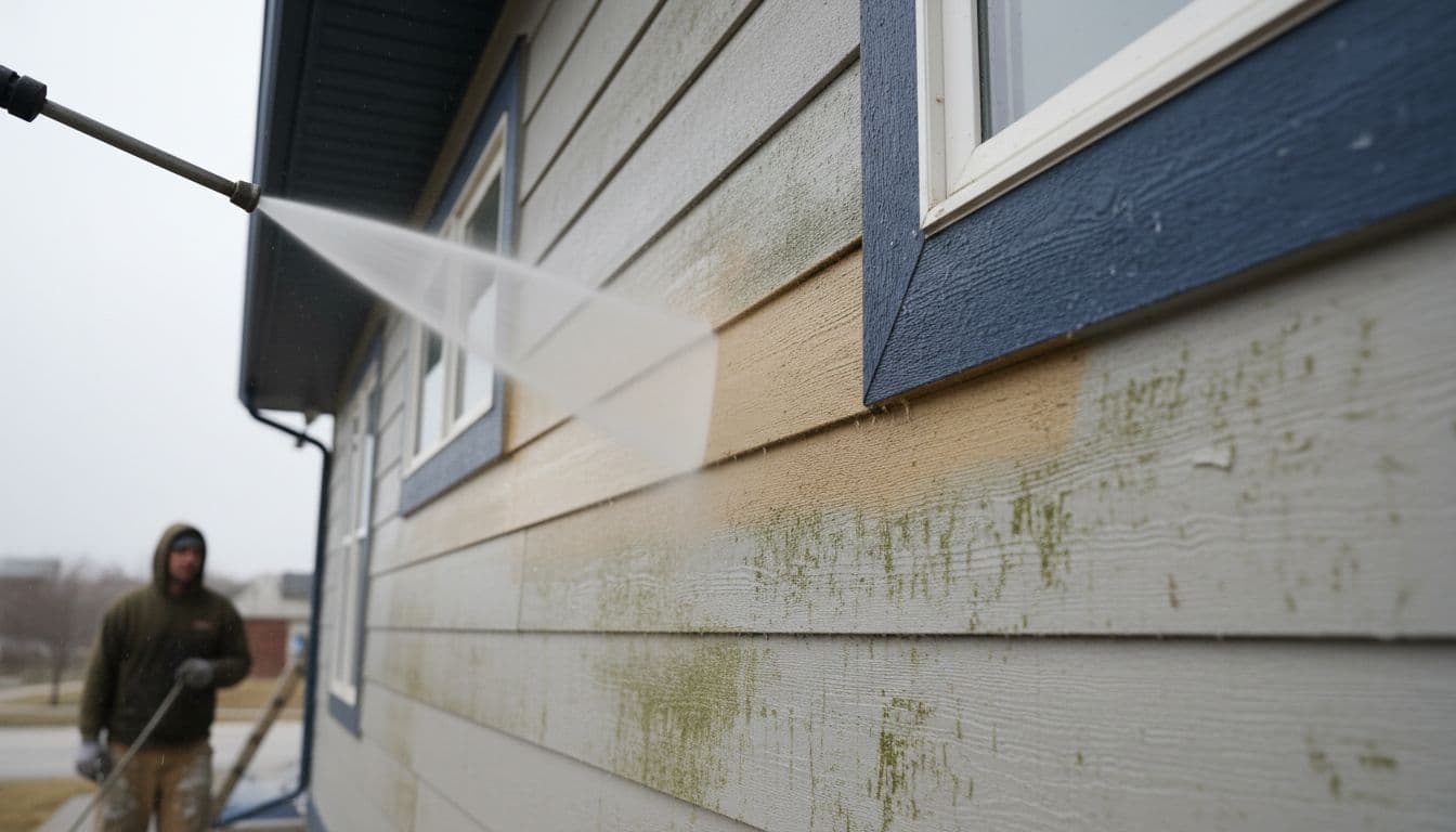 Close-up of a painter power washing Hardie Board siding on a Minnesota-style house exterior, removing dirt and mildew under an overcast sky to prepare for harsh winter weather.