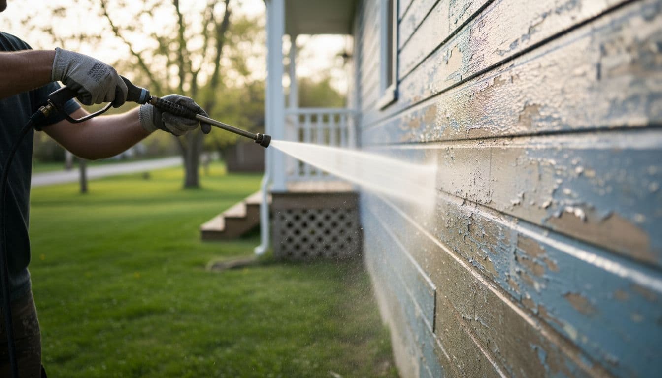 Close-up of a painter's hands carefully power washing weathered wood siding on a Minneapolis home exterior, removing dirt and old paint flakes under bright spring morning light. Demonstrates essential surface prep for durable exterior painting in Minnesota weather.